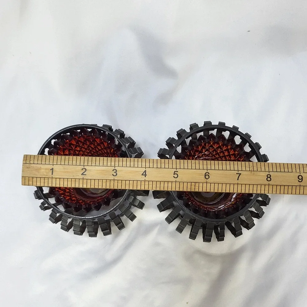 Vintage Ruby Red Diamond Point Glass Peg Votive Candle Holders Metal Cage Set 2